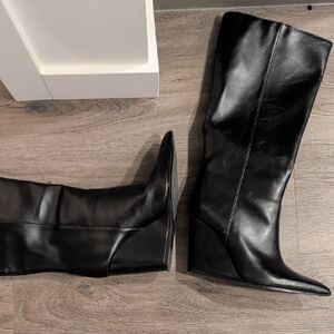 Zara Black Knee-High Wedge Boots